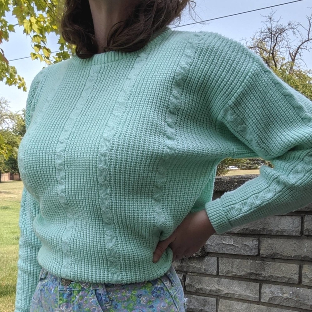 Vintage Expressions Pastel Mint Green Cable Knit Sweater Large